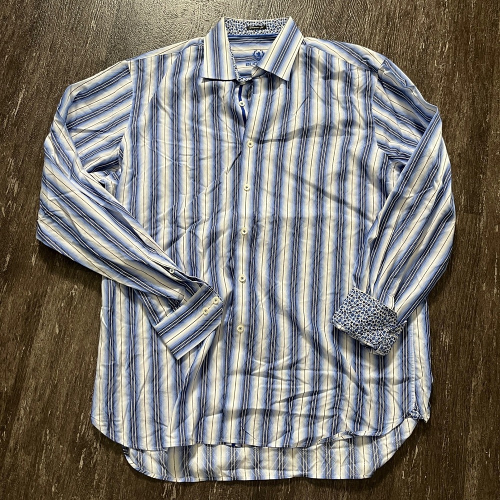 Bugatchi Uomo‎ Mens Blue Striped Classic Fit Long Sleeve Button Down Shirt